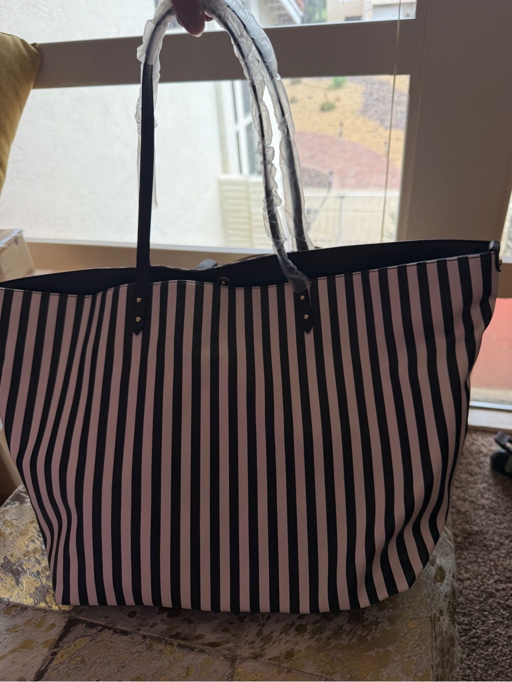 NWT Victoria's Secret Black and White Striped Tote with Gold Logo - Picture 3 of 5